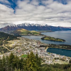 Panoramic view of The remarkables, Lake Wakatipu and Queenstown,
