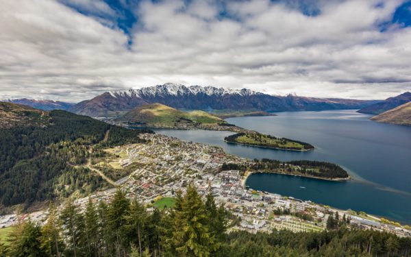 Panoramic view of The remarkables, Lake Wakatipu and Queenstown,